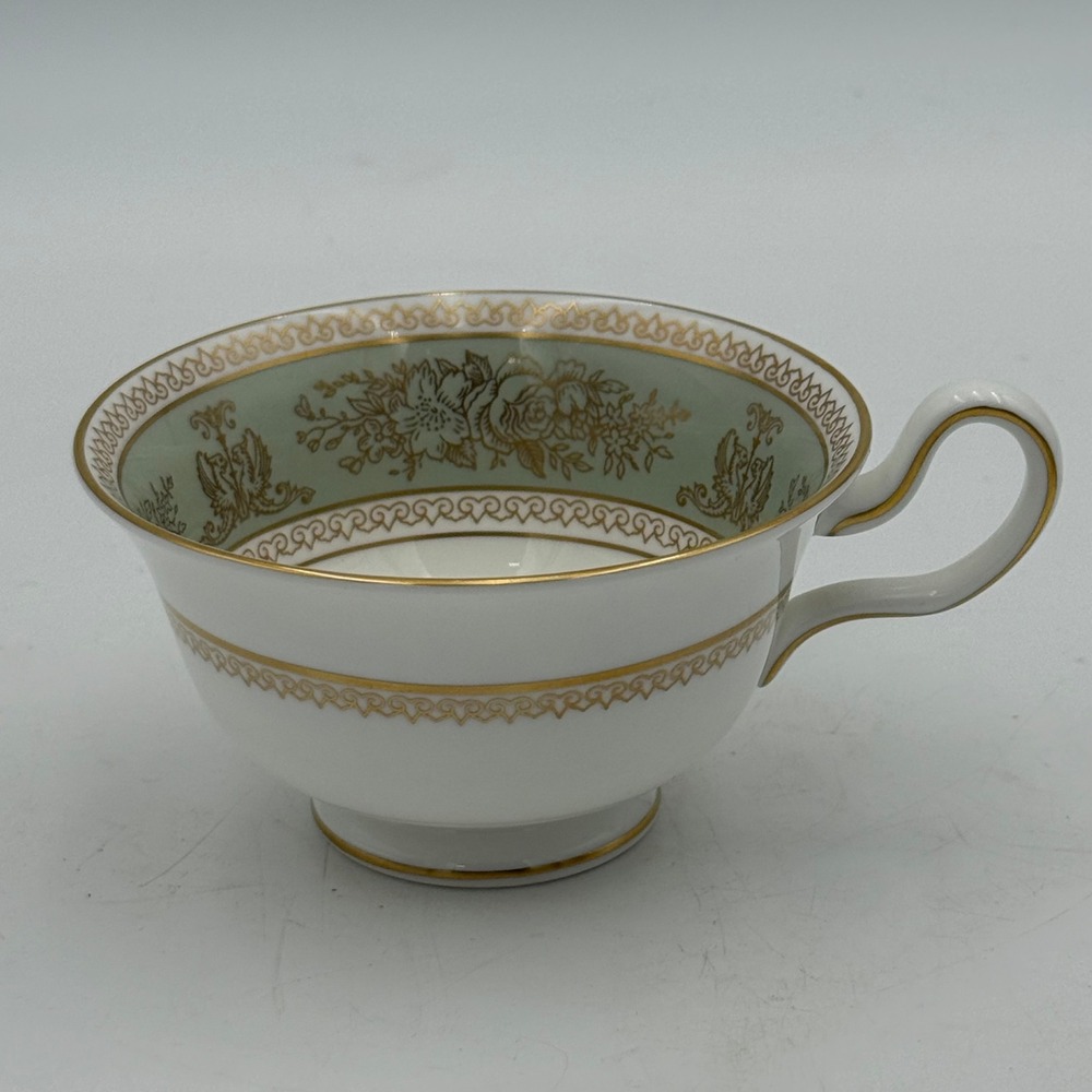Wedgwood Bone China Teacup Sage Green Gold Filigree Floral Griffin England
